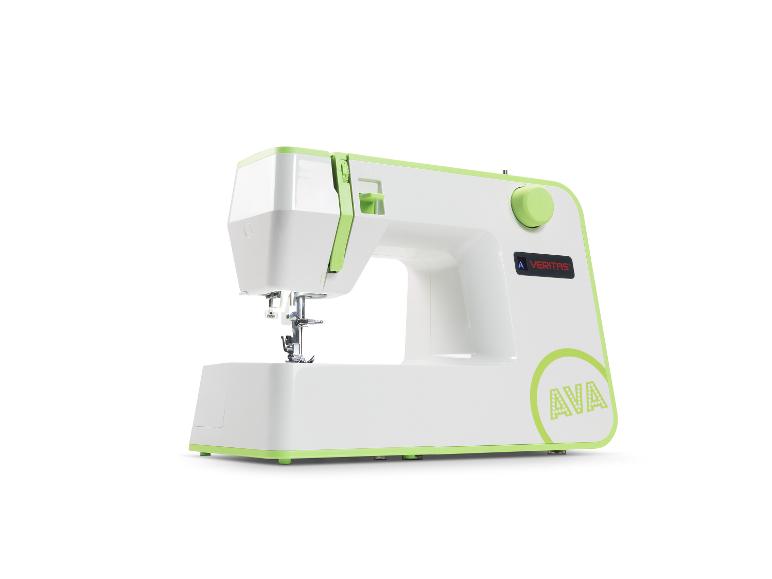 Machine à coudre blanche et verte avec l'inscription 'AVA' sur le devant.