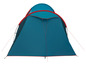 Une tente bleue avec des accents rouges, idéale pour le camping.