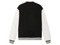 Une veste bomber noire avec des manches blanches et des rayures blanches.