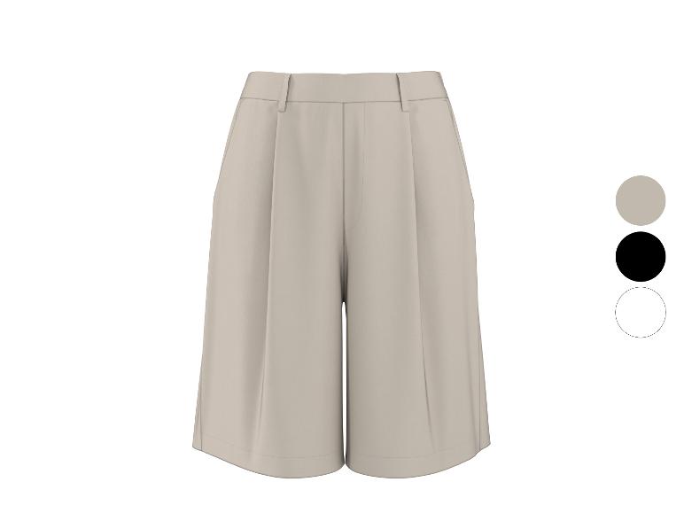 Short bermuda plissé beige avec palette de couleurs : beige, noir, blanc.