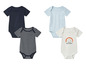 Bodys bébé en bleu, rayé et blanc avec un imprimé arc-en-ciel.
