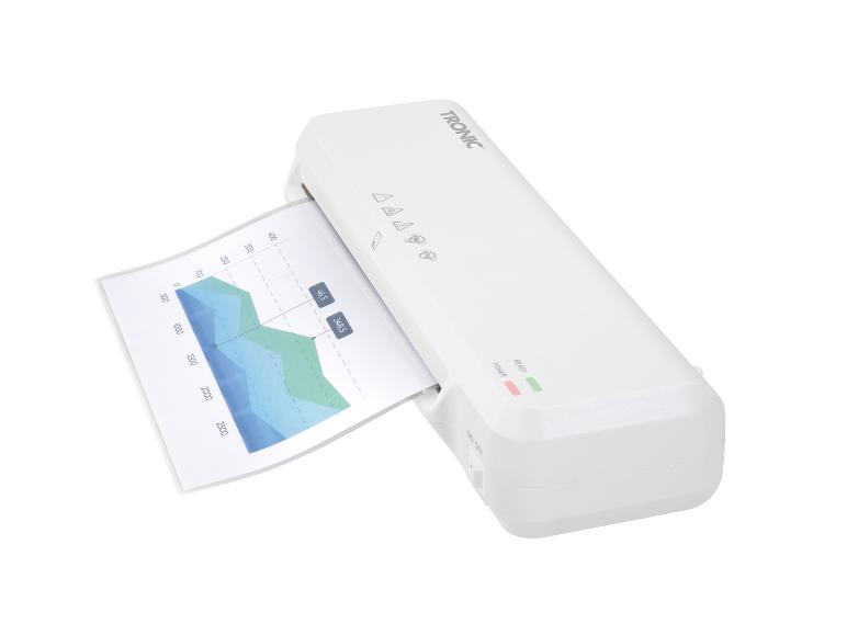 Plastifieuse TRONIC avec une feuille de papier en cours de plastification, affichant un graphique