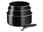 Un ensemble de trois casseroles Tefal noires avec une poignée amovible.