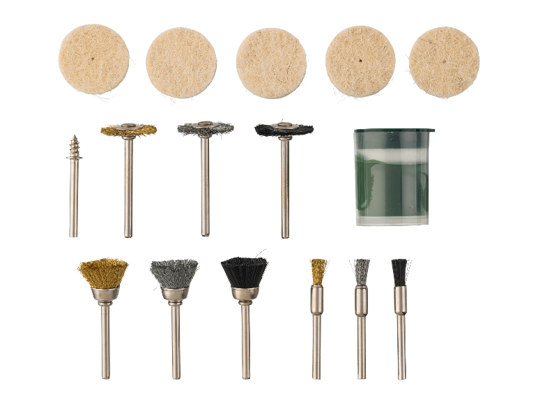 Ensemble de brosses à polir et de disques en feutre pour outils rotatifs.