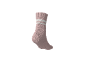 Chaussette rose à rayures blanches et picots antidérapants.