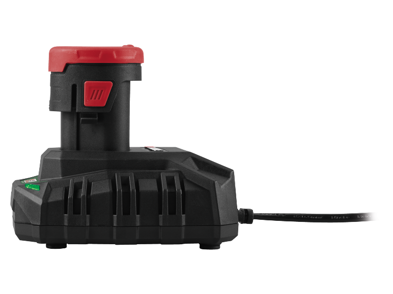 Chargeur de batterie noir avec une batterie rouge et noire attachée.