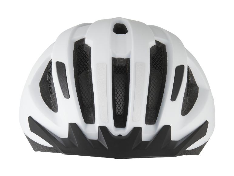 Un casque de vélo blanc avec des aérations et des bandes réfléchissantes.