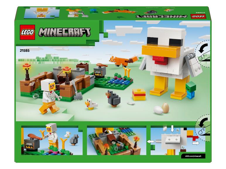 Ensemble de blocs de construction sur le thème de Minecraft, avec poulailler, personnages et animaux.