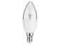 Ampoule LED blanche en forme de bougie avec un dessus transparent et un culot à vis argenté.