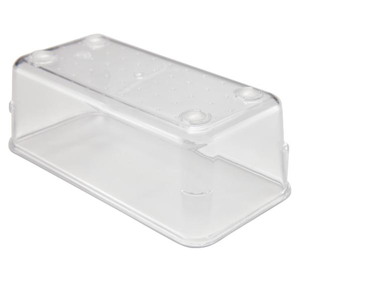 Boîte de rangement transparente en plastique.