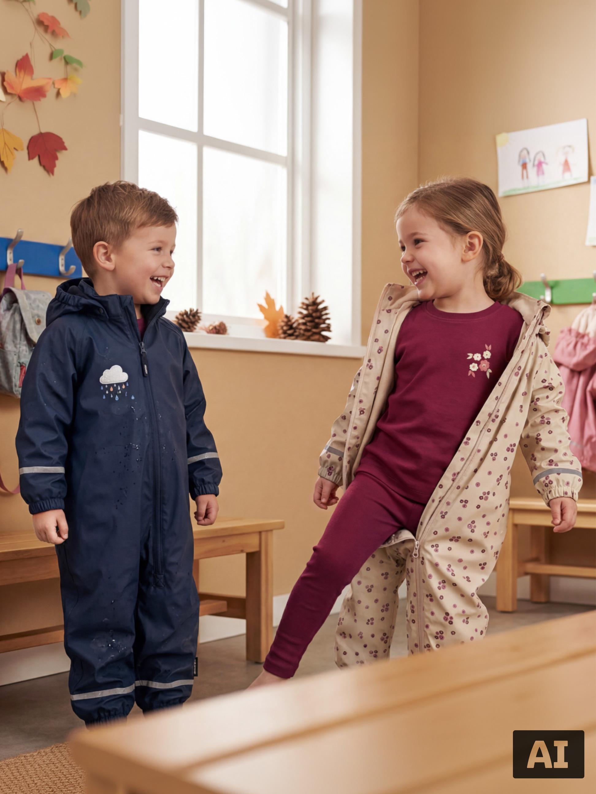 Enfants souriants portant des combinaisons de pluie et des sous-vêtements thermiques dans une crèche.