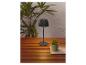Lampe de table noire avec abat-jour plissé sur une table en bois, avec une petite plante.