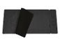 Tapis de bureau noir avec section pliable et compartiment pour stylos.