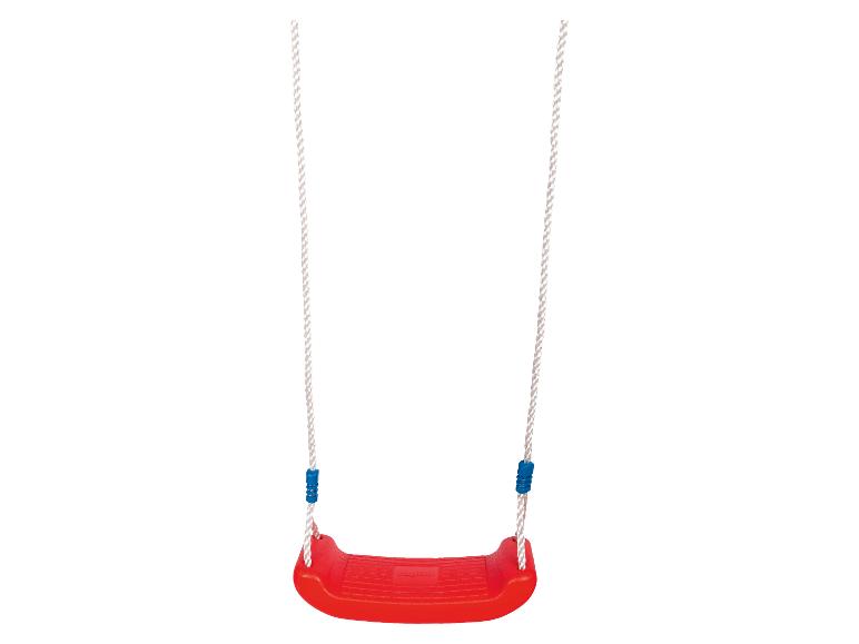 Balançoire rouge avec cordes blanches et ajusteurs bleus.