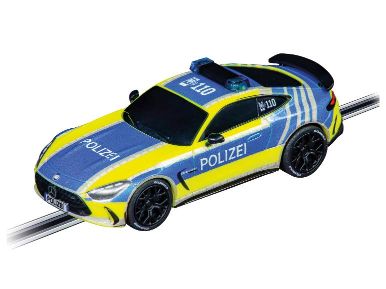 Voiture de circuit Carrera Mercedes-AMG GT 'Polizei' en bleu et jaune.