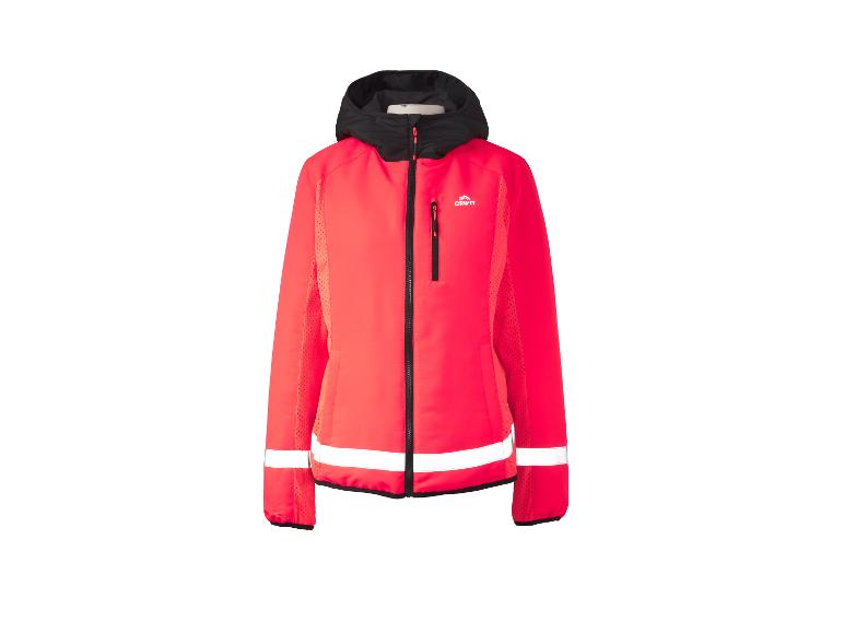 Veste de sport rouge fluo avec capuche noire et bandes réfléchissantes