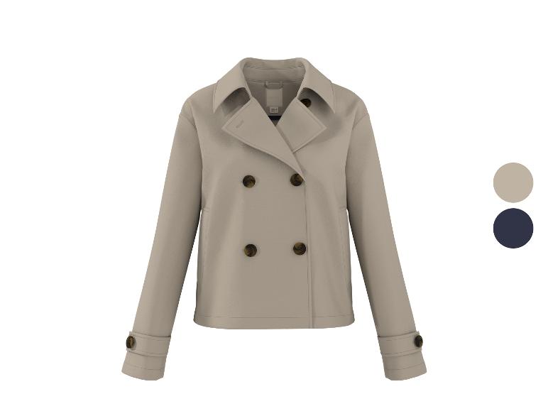 Manteau croisé beige avec boutons et deux options de couleur.