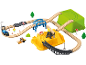 Ensemble de train en bois avec train, véhicules de construction et ponts.