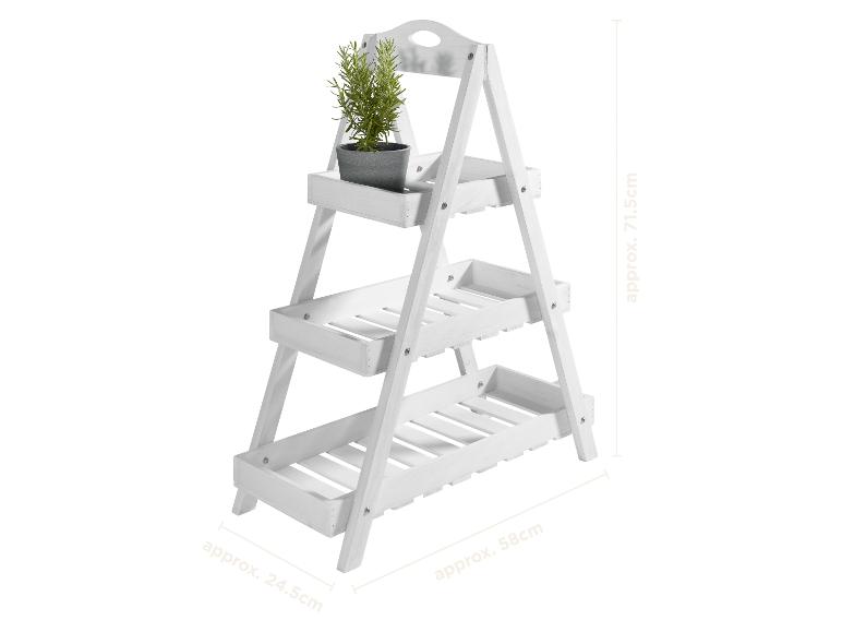 Étagère blanche en bois à trois niveaux avec une plante en pot, avec dimensions.