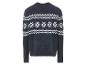 Un pull bleu marine avec un motif de flocons de neige blancs.
