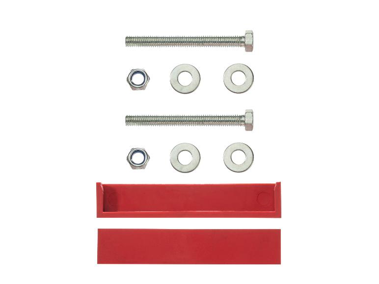 Ensemble de boulons, écrous, rondelles et supports en plastique rouge.
