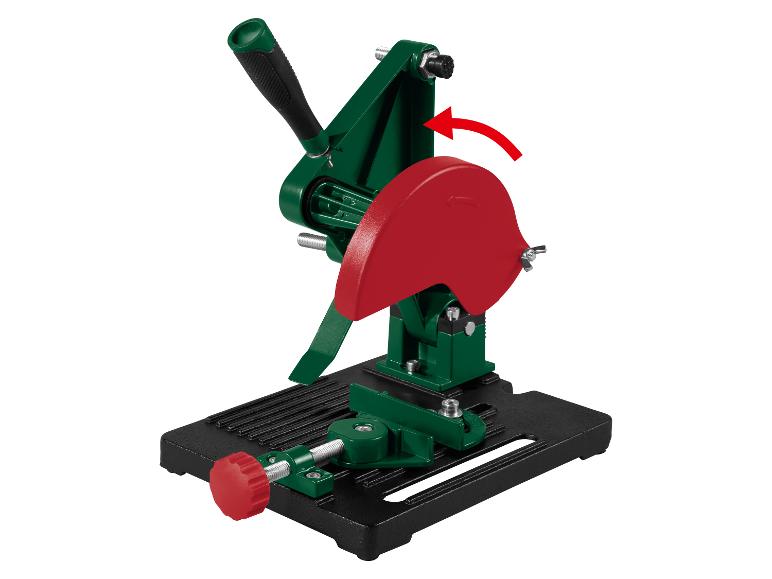 Support de meuleuse d'angle vert et noir avec protection rouge et bouton de réglage.