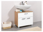 Un meuble de salle de bain blanc avec un lavabo et un panier.