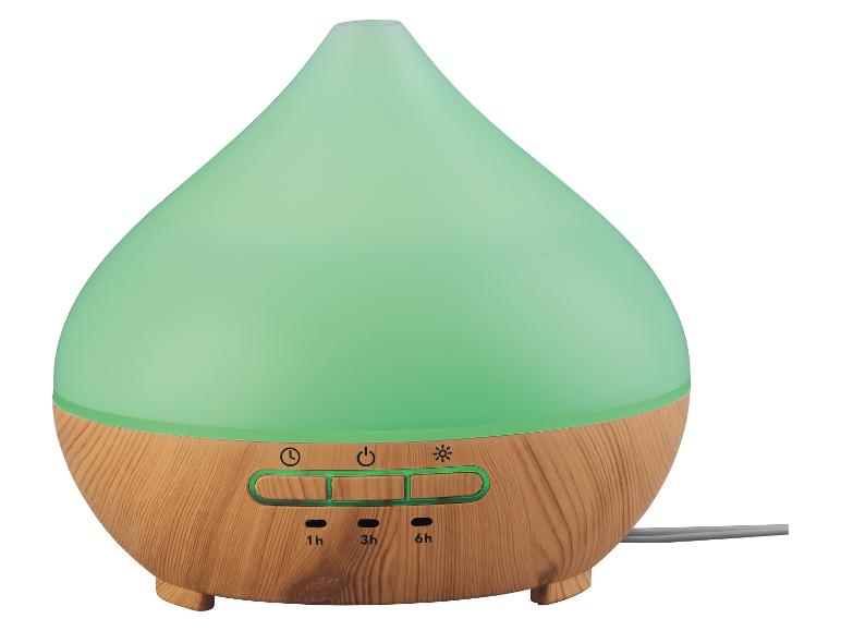 Diffuseur d'huiles essentielles vert et aspect bois avec boutons de minuterie et d'éclairage