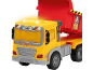 Camion jouet jaune avec benne basculante rouge et phares lumineux.