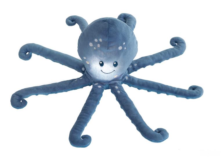 Peluche pieuvre bleue avec huit tentacules et un visage souriant