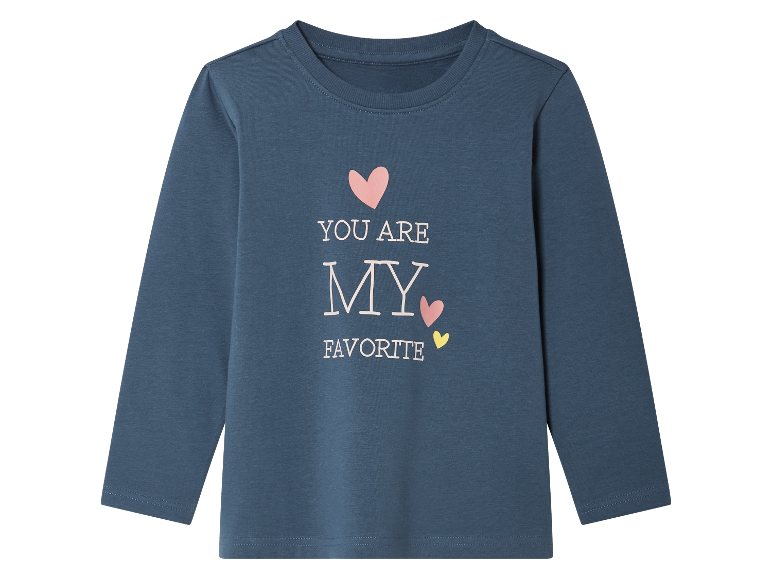 T-shirt bleu marine à manches longues pour fille, avec imprimé cœurs et texte 'You are my favorite'.