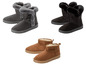 Trois paires de bottes d'hiver : noires, grises et marrons.