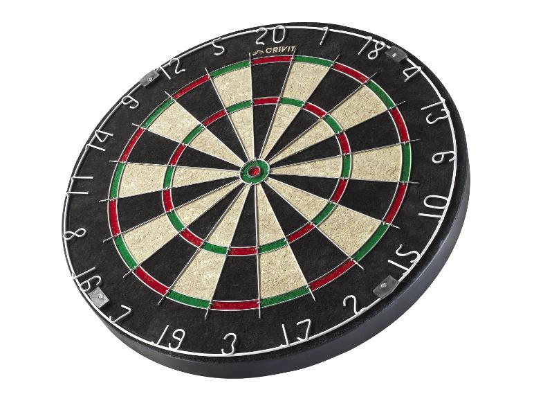 Une cible de fléchettes Crivit avec des segments noirs, beiges, rouges et verts, et des chiffres blancs.