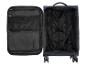 Valise bleue ouverte avec poches intérieures zippées et sangles de maintien.