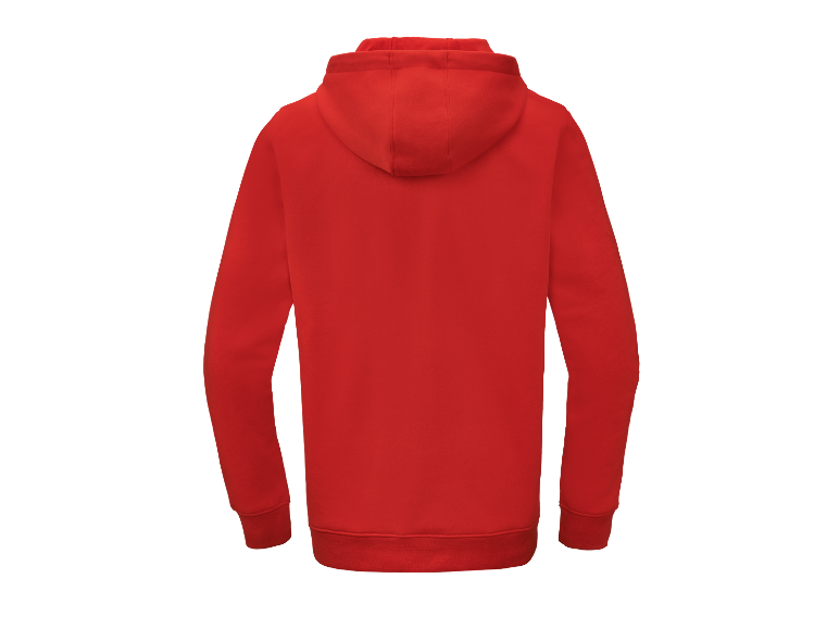 Sweat-shirt rouge à capuche, vue arrière.