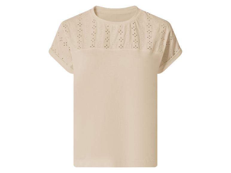T-shirt beige pour femme à manches courtes avec détails brodés sur les épaules.