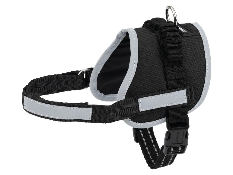 Harnais pour chien noir avec bandes réfléchissantes et anneau en D métallique.