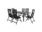 Ensemble table et chaises de jardin : table rectangulaire et six chaises pliantes en résine tressée noire.