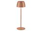 Lampadaire couleur cuivre avec abat-jour conique et base ronde, émettant une lueur chaude.