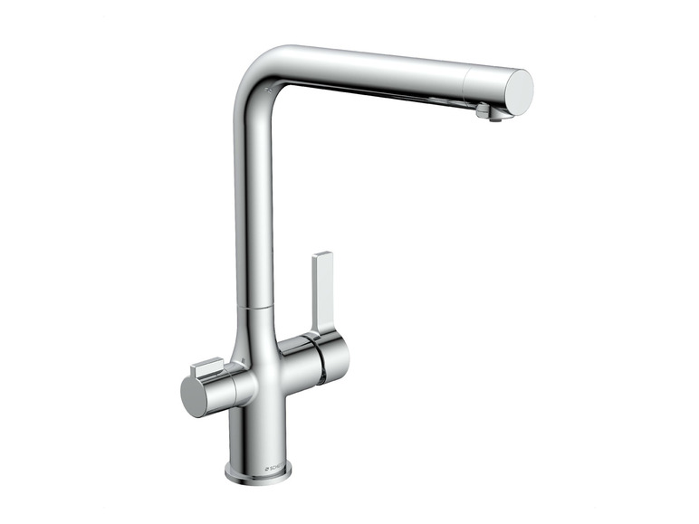 Un robinet de cuisine chromé avec deux boutons de la marque SCHÜTTE.