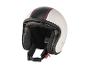 Un casque de moto blanc avec des rayures noires et rouges.