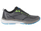 Chaussures de course à pied grises et noires avec des détails bleus.