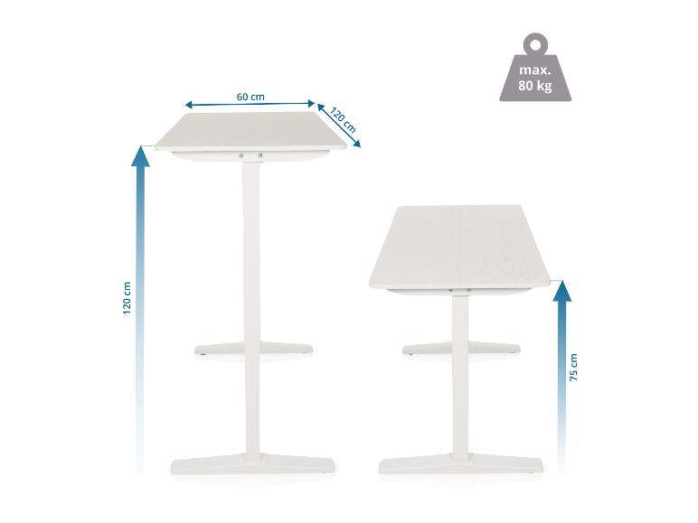 Table de bar blanche réglable en hauteur, 120x60 cm, charge maximale 80 kg.