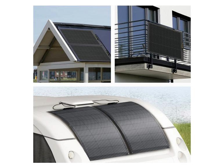 Panneaux solaires flexibles installés sur un toit, un balcon et un camping-car.