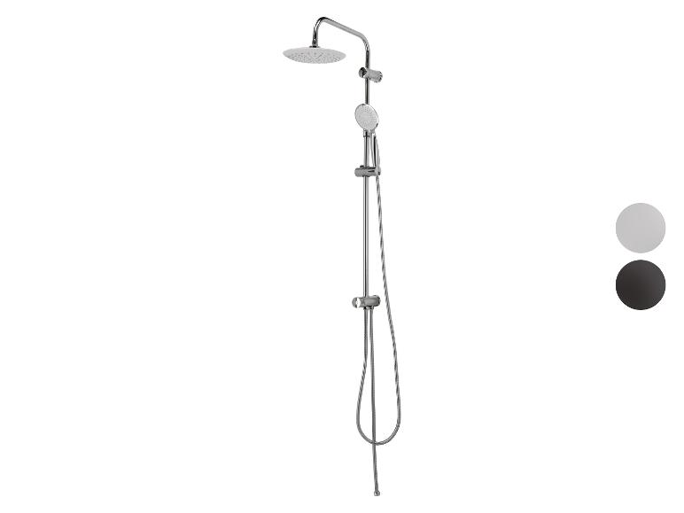 Colonne de douche chromée avec pomme de douche ronde et douchette à main, avec options de couleur.