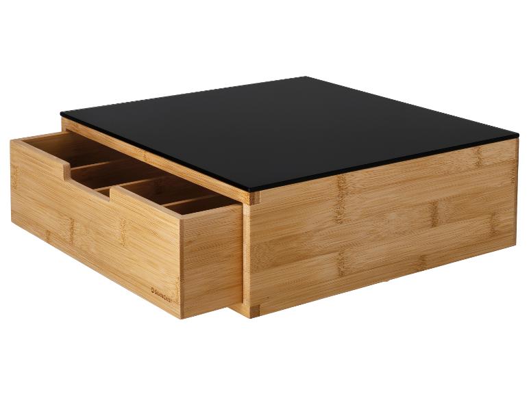 Boîte à thé en bambou avec couvercle en verre noir et tiroir coulissant compartimenté