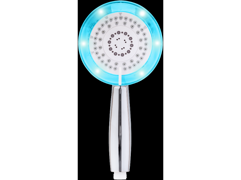 Pommeau de douche chromé avec un anneau lumineux LED bleu et plusieurs réglages de jet.