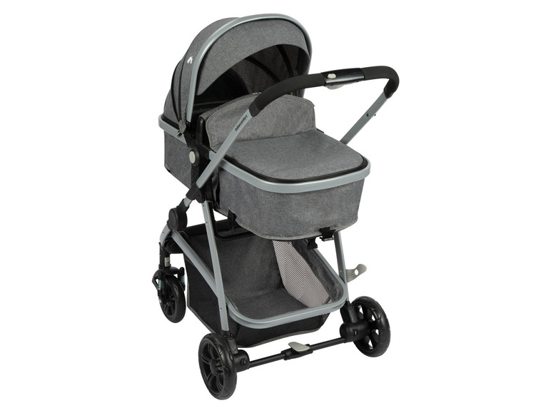 Une poussette BabyComfort grise avec un panier et un panier à provisions.