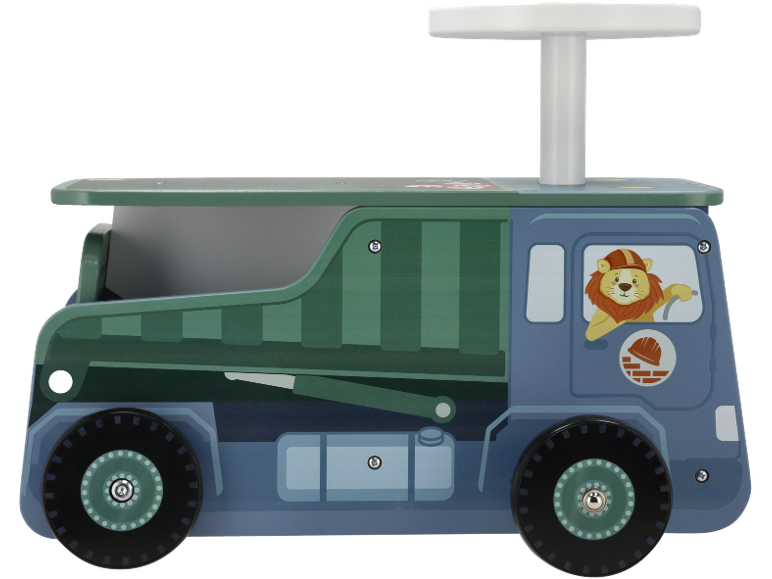 Camion jouet en bois avec un lion conducteur, vert et bleu.