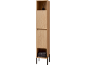 Meuble de salle de bain haut en bois avec pieds noirs.